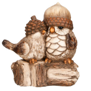 Uil en Vogel Zittend Op Boomstronk - Bruin - 31 x 17 x 33 cm