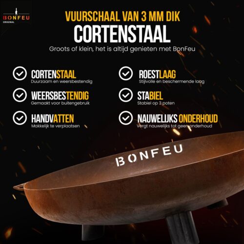 BonFeu BonBowl Plus CortenStaal Ø100 cm - L 100 x B 100 x H 23,5 cm - Cortenstaal - Bruin - Afbeelding 2