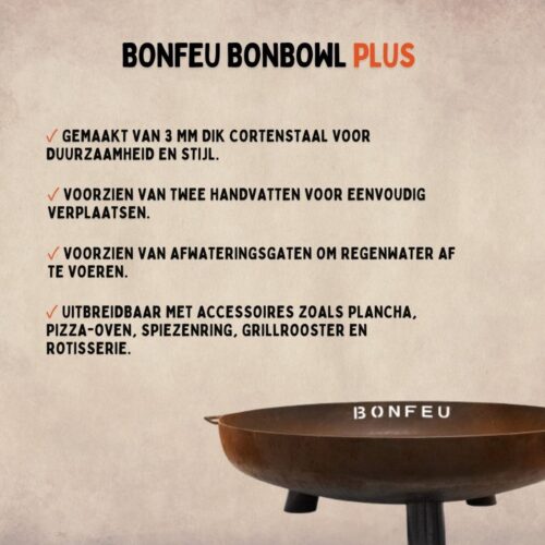 BonFeu BonBowl Plus CortenStaal Ø80 cm - L 80 x B 80 x H 23,5 cm - Cortenstaal - Bruin - Afbeelding 5