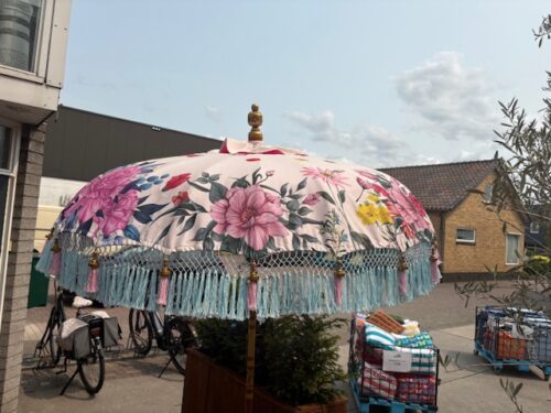Bali Parasol Veelkleurig Bloemen Ø185 - Wit - Roze Franjes - Afbeelding 4