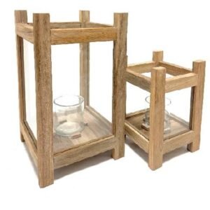 Teakhouten Windlicht - 45 x 26 cm - Naturel - Set van 2