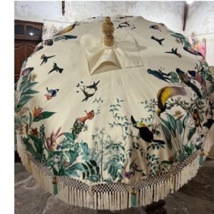Bali Parasol Veelkleurig Vogels Ø185 - Wit - Witte Franjes