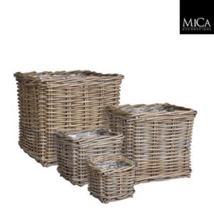 Mica Decorations Marcia Plantenmand - Set van 4 - 33 x 33 x 30 cm - Rotan - Grijs